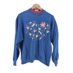 Vintage Gopher Sport Sweatshirt Heart Floral Dragonfly Crewneck Blue‎ Large